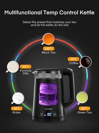 Electric Kettle with Temperature Control - 1.7L Glass Kettle with Keep Warm Function, 2200W Fast Boil, Auto Shut-Off & Dry Boil Protection, 5 Color LED Lights - Black