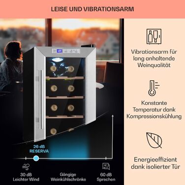 Klarstein Wine & Beverage Refrigerator - Slim Design, 1-Zone, Glass Door, Outdoor Ready, UV Protection, 8-Bottle Capacity