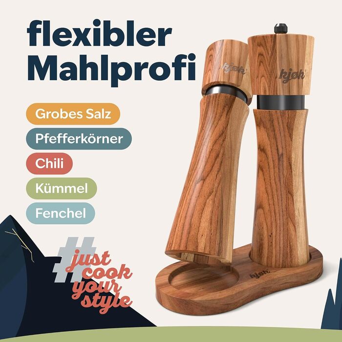 köc Premium Salt and Pepper Mill - Solid Acacia Wood with Coaster, Cleaning Brush and Funnel - Wooden Mill Set with Ceramic Grinder - Salt and Pepper Mill Father's Day Gift