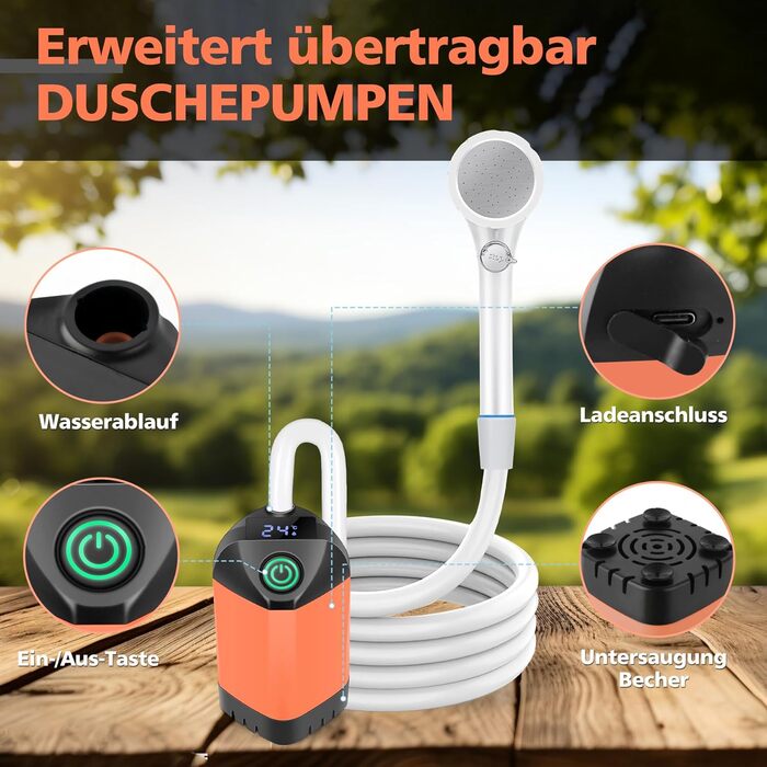 Набір для душу намету Campingdusche з насосом, акумулятором 7800mAh та індикатором заряду, оранжевий