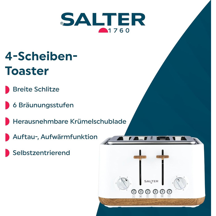 Тостер Salter Toronto 1.7L з функцією скороварки, 360° обертання, фільтром від накипу, дерев'яним дизайном, бездротове підключення, захистом від перегріву, автоматичним вимкненням та контролером Otter (білий)