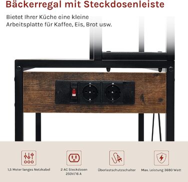 Кухонна полиця WOLTU з 6 ярусами та розетками, мікрохвильова полиця з 6 гачками, полиця пекаря з металевим каркасом, регульовані полиці, Чорний+Рустикальне коричневий, 60 x 167 x 40 см, Чорний+Вінтажний коричневий 60 x 39,5 x 167 см