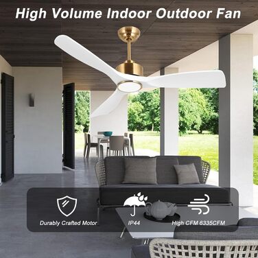 Сучасний стельовий вентилятор з підсвічуванням та пультом керування, 132 см, білий та золотий, тихий DC-двигун, сумісний з Alexa/Google Home