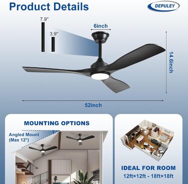 Стеляний вентилятор Depuley Leise з підсвічуванням для вулиці: LED лампа з вентилятором для саду, тераси - 132см, з пультом керування, для вітальні, ресторану, офісу (Чорний, 52'' з підсвічуванням)