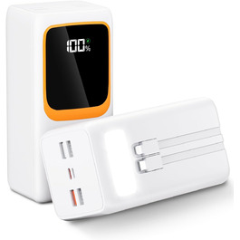 Портативний зарядний пристрій Power Bank 50000mAh з інтегрованим кабелем: швидка зарядка 22,5W, велика ємність, LED-ліхтарик, 7 виходів & 3 входи, 2x25000mAh, білий