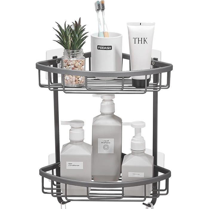 Поличка для душу GRICOL Eck-Duschregal без свердління, металева, кутова, з 2 гачками, для зберігання в ванній кімнаті, 2 яруси, нержавіюча сталь, сірий колір