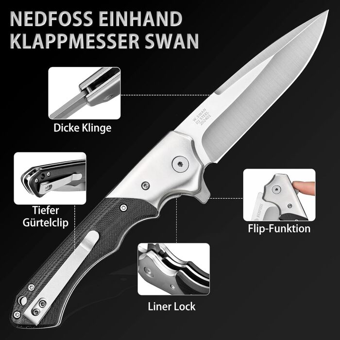 Складаний ніж NedFoss SWAN, 9,3 см, сталь D2, з білою ручкою G10, одноручний, гострий туристичний ніж з кліпсою для пояса, мисливський та універсальний ніж для щоденного використання, колекціонування та подарунка