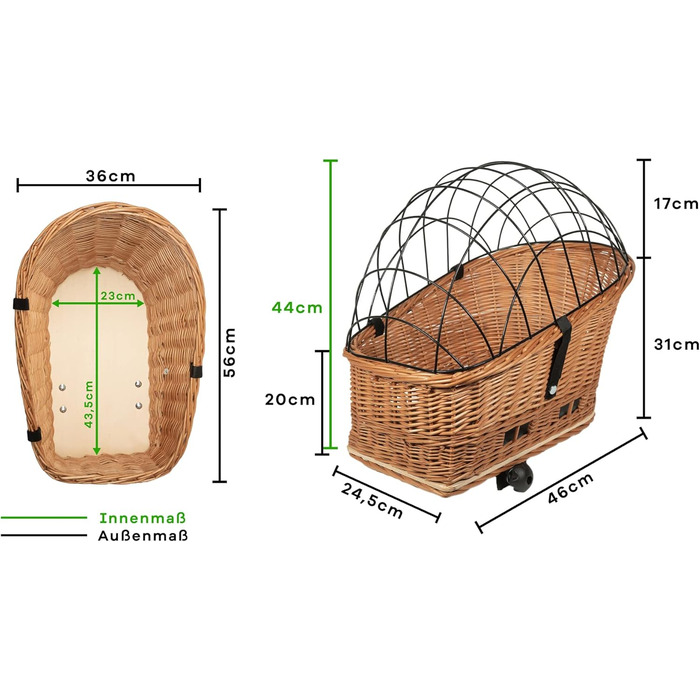 Кошик для велосипеда Tigana для собак, плетіння з лози, 56 x 36 см, з металевою сіткою, XL, з подушкою та підстилкою