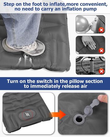 Tixexo Self-Inflating Sleeping Pad - Camping Air Mattress with Foot Pump - 13cm Thick, Spliceable, Outdoor Hiking & Camping Cushion - Grey