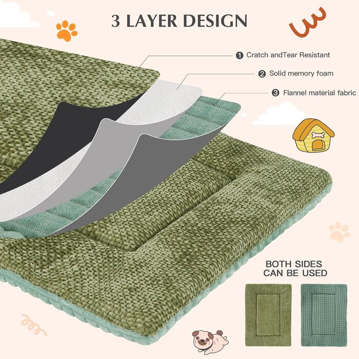 Килимок для собак Vejaoo XZ016, зелений, 75x50x4 см (М'який, миючий, для собак маленьких, середніх та великих порід)