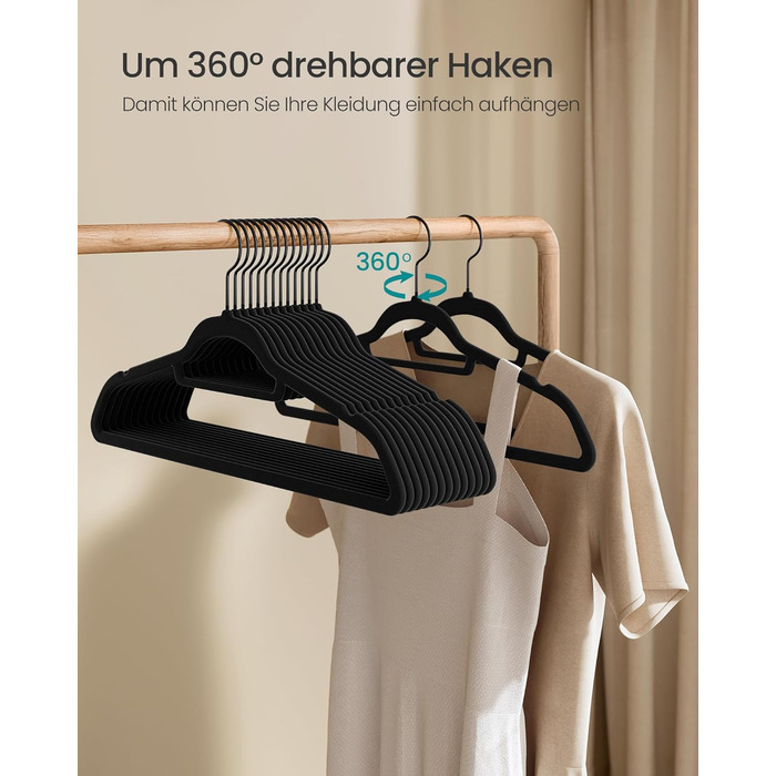 Плечики SONGMICS для одягу, 50 шт., велюрові, антиковзаючі, для краваток, 360° обертання, 0,6 см, економія місця, 43,5 см, для пальто, штанів, срібно-білі