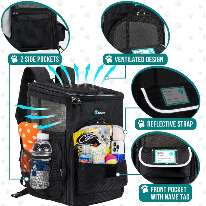 PetAmi Рюкзак-переноска для собак та котів, чорний, для подорожей, з вентиляцією, м'які стінки