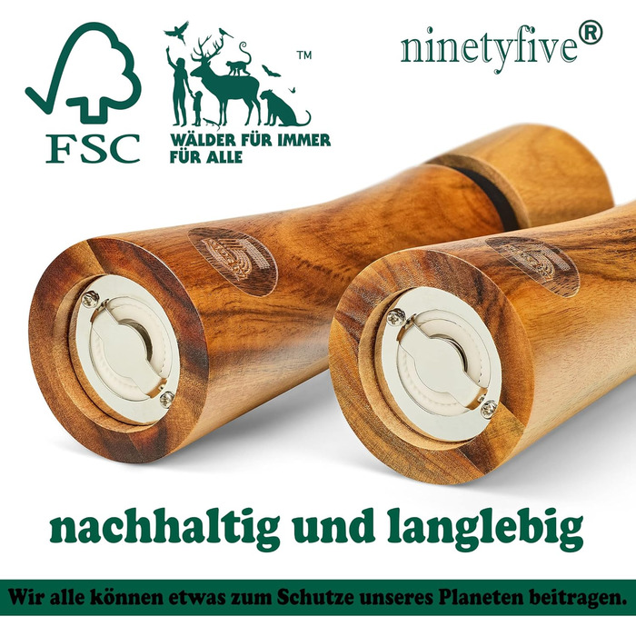 ninetyfive® Wooden Pepper Mill Set | Salt and Pepper Mills + Acacia Wood Coaster and Funnel Spoon | Spice Grinders with Ceramic Grinder (21cm) | High-Quality Gift Packaging