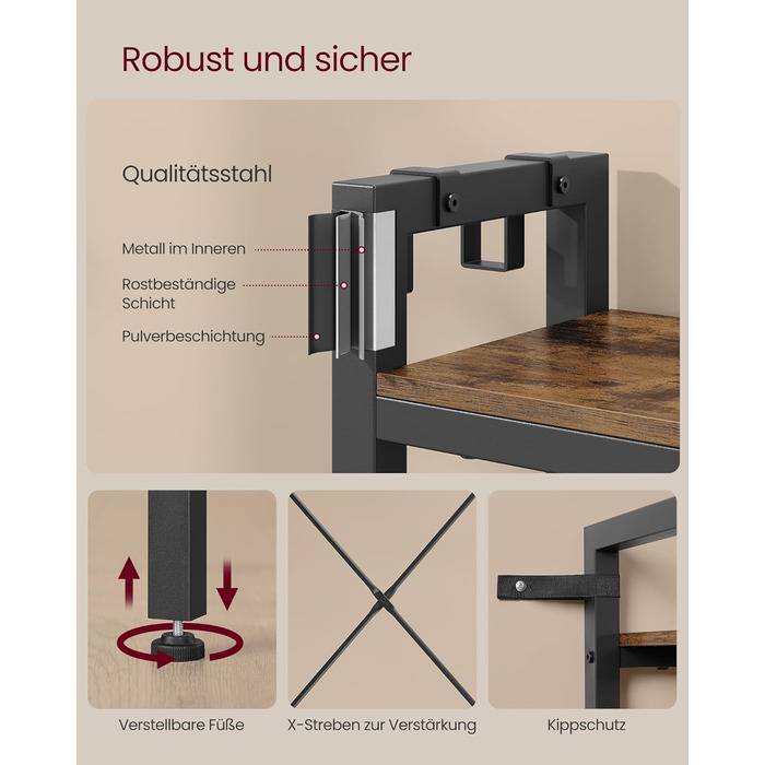 VASAGLE Coat Rack with Shoe Bench, Coat Rack, 5 Shelf Levels made of Particleboard, 9 Triple Hooks, 6 Side Hooks, 40 x 120 x 190 cm, Stone Gray-Ink Black HSR426B04 (Vintage Brown + Ink Black)