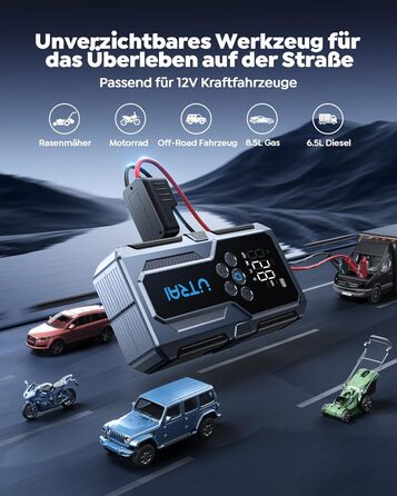 Powerbank Starthilfe UTRAI для автомобіля: 4500A, компресор 150PSI, швидка зарядка 18W, ліхтар, запуск двигуна до 8.5L бензину/6.5L дизеля