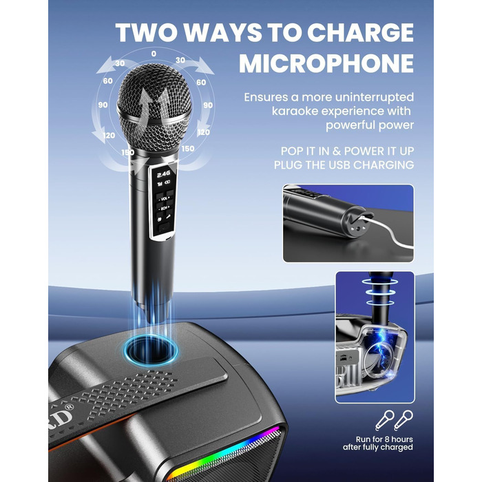 Bluetooth-караоке машина для дорослих та дітей, портативна 80W акустика з 2 бездротовими мікрофонами, регулятором ехо, підтримка USB/AUX/TF-картки, ідеальний подарунок для дому та вулиці