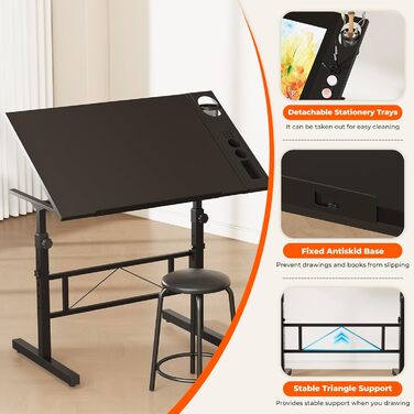 Adjustable Drafting Table with Tilting Surface (0-60°) - Height Adjustable Art Table with Stool and Storage for Home & Office - Black Wood Finish