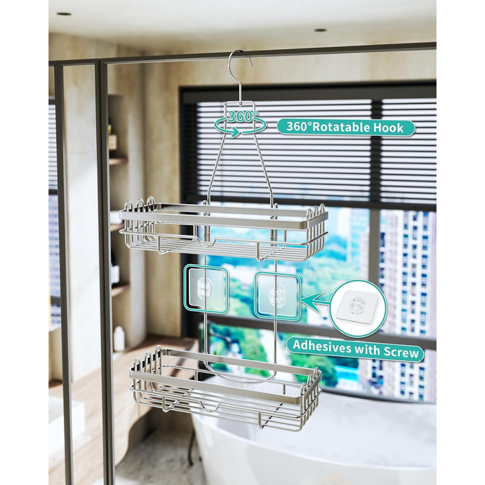 HapiRm Shower Shelf for Hanging, Hanging Shower Rack with Multiple Hooks - High-Quality Hanging Shower Basket Stainless Steel, No Drilling Required, Silver