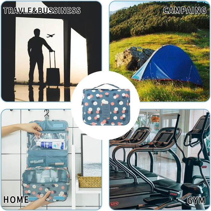 Сумка для туалетних приналежностей на блискавці | Розкладна дорожня косметичка з ручкою | Багатофункціональна сумка для туалетних речей, компактна косметичка, валізка для чоловіків та жінок (Квітка блакитна)