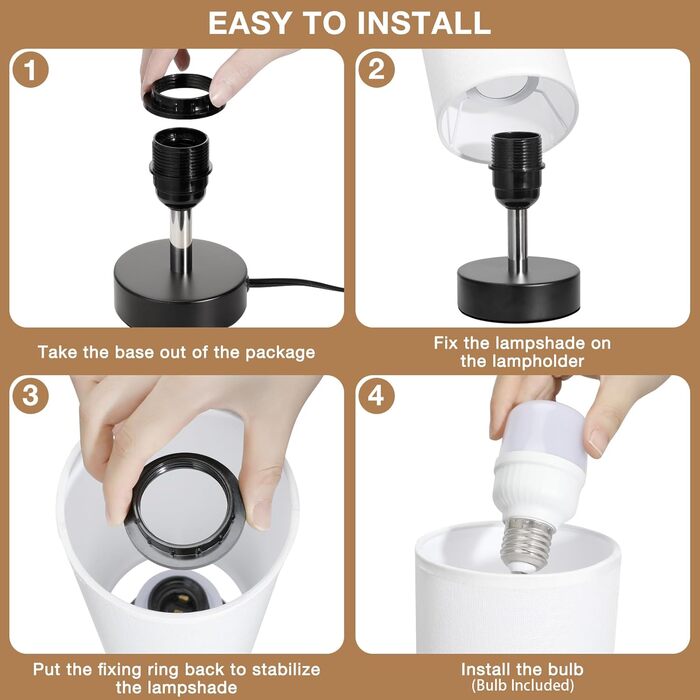 Нічна лампа Kakanuo з 3 колірними температурами, біла, з вимикачем, абажур з льону, для вітальні, спальні, офісу, дитячої кімнати (LED лампа в комплекті), колір A-білий+чорний