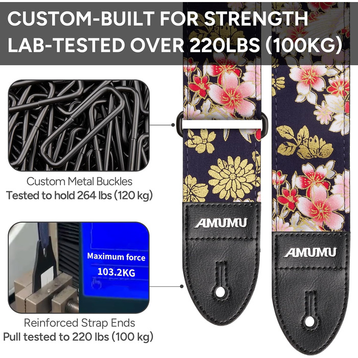 Гітарний ремінь Amumu з бавовни з вишивкою троянд та шкіряними кінцями для бас, електро та акустичної гітари, з фіксатором та блоками для ременя