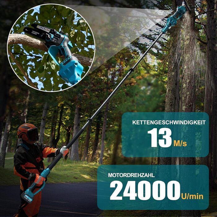 Міні-ланцюгова пила електрична 8 дюймів з 2 акумуляторами 21V 8000mAh, безщітковий двигун 1200W, ручна акумуляторна пила для обрізки гілок та садових робіт (Ceruleanblau)