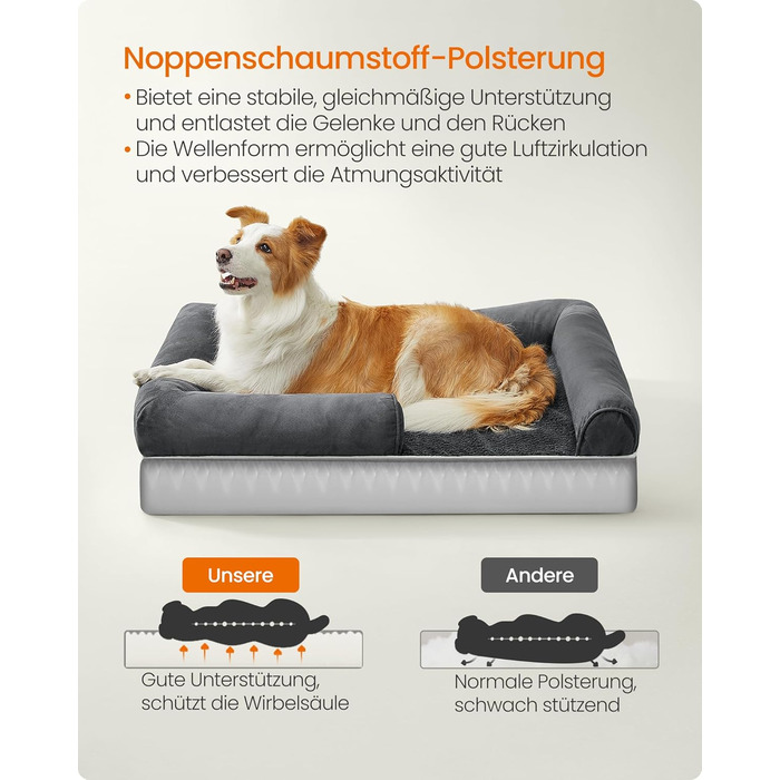 Feandrea Orthopedic Dog Bed, Dog Cushion, Dog Basket, Soft Padding, Dog Sofa, Raised Edges, Removable and Washable Cover, 91 x 71 x 20 cm, Non-Slip Bottom, Dark Grey PGW076G01