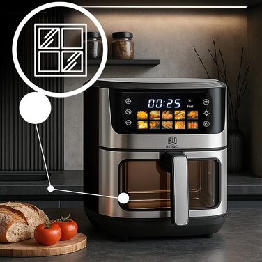 Аерофритюрниця Retoo 6.5л 1800Вт з 10 програмами, сенсорним керуванням, нержавіюча сталь, чорна. Без олії, до 90% менше жиру.