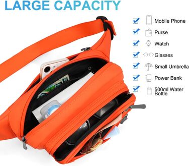 Чоловіча та жіноча поясна сумка-бананка з дощовиком, велика, з нейлону, 5 відділень на блискавці, для подорожей, спорту, прогулянок з собакою (Оранжева)