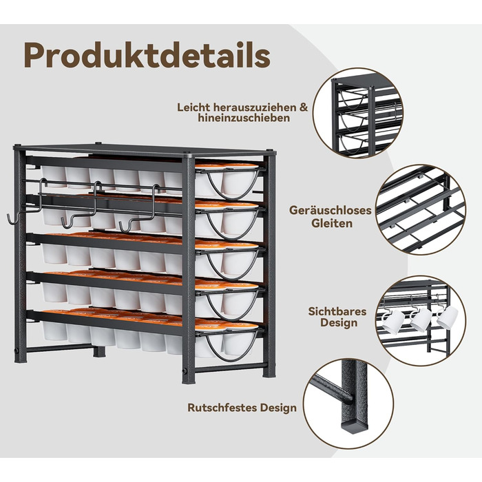 Тримач для капсул кави Dolce Gusto, органайзер на 70 капсул, 5-ярусний металевий ящик з тихими направляючими та антиковзними ніжками