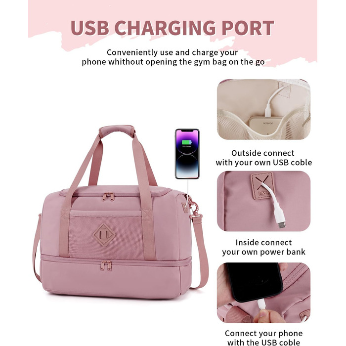 Спортивна сумка WANDF для ручної поклажі в літак (45x36x20 см) з відділенням для взуття та мокрих речей, рожева