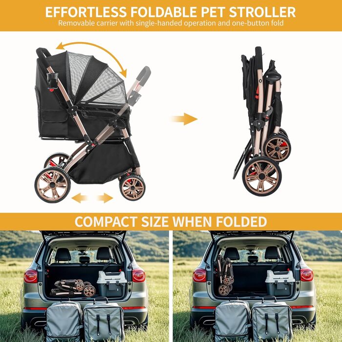 Візок для собак DWVO 3-в-1: візок, переноска, сумка для транспортування. Підходить для собак та котів до 22 кг. Зручний, складаний, з міцними EVA-колесами, кошиком та сітковими віконцями. Розміри: 58,5x76x105 см. Чорний колір.