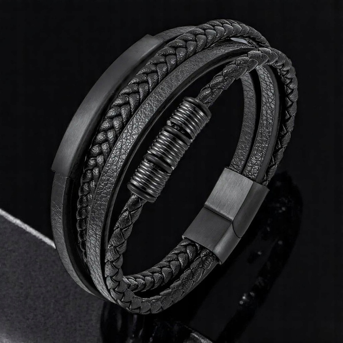 Чоловічий шкіряний браслет Lecerto, чорний, регульований (22 см) з гравіюванням