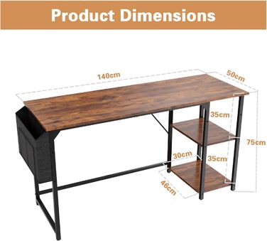 Devoko 140cm Computer Desk with Reversible Shelf, Small Desk with Headphone Hooks, Small Computer Desk for Home Office, Small Office Desk for Home Office, Vintage Brown 140 x 50 cm Vintage Brown