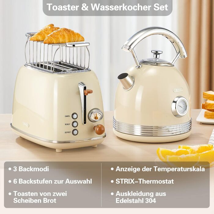 Wiltal Retro 2-Slice Toaster, 6 Adjustable Browning Levels, with High-Quality Bun Warmer, Warming-Defrost-Cancel Function, Countdown Display (milky)