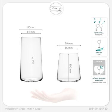 IMPERIAL Glass Drinking Glasses Set - 450ml & 550ml, 12-Piece - Water Glasses, Juice Glasses, Highball Glasses, Cocktail Glasses