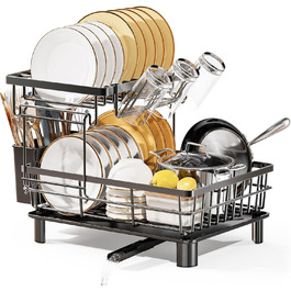 LIONONLY Dish Drainer Rack, Small 2-Tier Dish Rack with Drip Bowl, Stainless Steel Dish Drainer with Utensil Holder, Drink Holder and Swivel Spout, Dish Drying Rack Kitchen