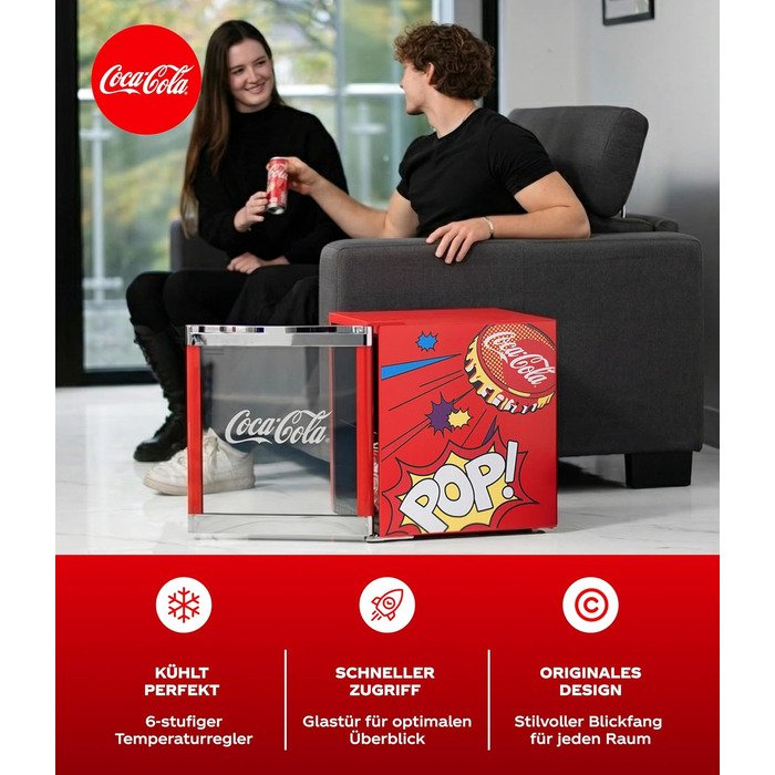 Холодильник Coca-Cola PopArt Mini (48L) - Кольоровий міні-холодильник з дверцятами зі скла, тихий та енергоефективний. Ідеально для офісу, вечірок та геймінгу. Для напоїв.