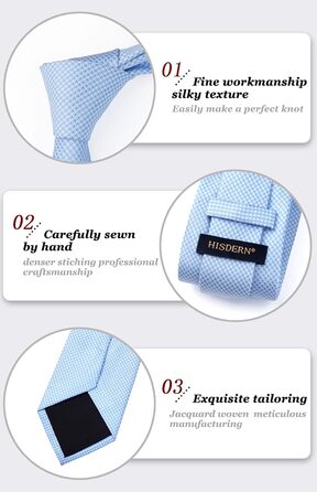 Краватки для чоловіків HISDERN: святкові краватки з кишеньковим хустинкою, класичний візерунок, в клітинку, для весілля та ділових зустрічей, блакитний колір