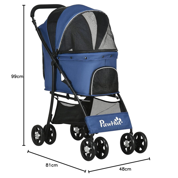 Візок для собак PawHut, складаний, з подушкою, для котів та собак, 4 колеса, сітчасте вікно, місткий, матеріал 600D Oxford (Блакитний)