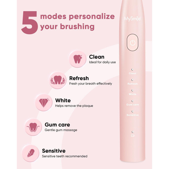 Електрична зубна щітка MySmile DY156 для дорослих: акумуляторна звукова щітка з 3 насадками, таймер 2 хвилини, 5 режимів, 45000 вібрацій на хвилину, 60 днів роботи від однієї зарядки (рожевий)