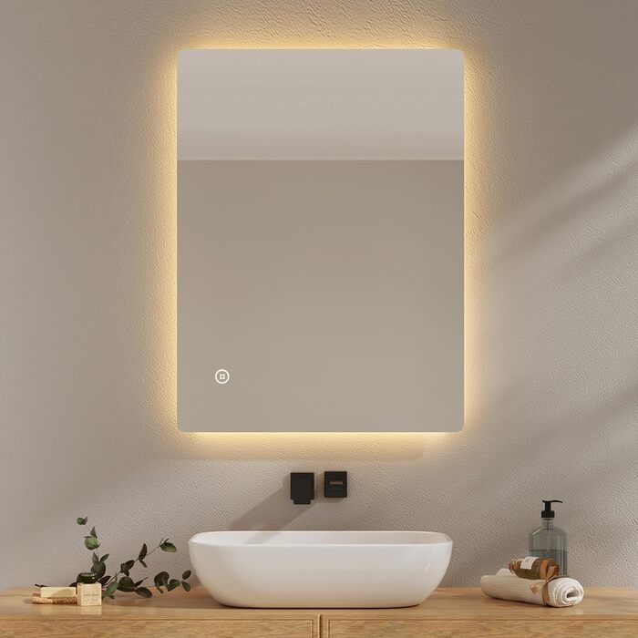 Дзеркало для ванної кімнати EMKE з підсвічуванням 50x70 см, антизапар, 3 кольори світла, диммування, сенсорне управління, функція пам'яті та автоматичне вимкнення через 3 години