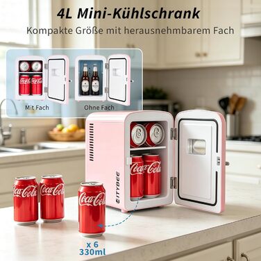 Міні-холодильник Citybee 4л з функцією охолодження та підігріву, 220V/12V, рожевий - для дому, офісу, авто, кемпінгу