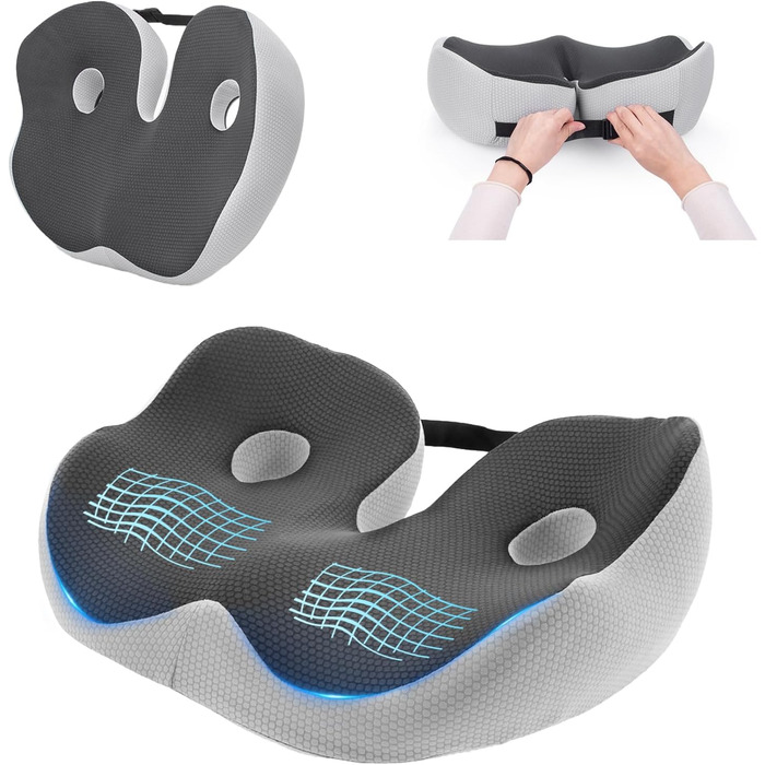 Подушка для сидіння з піною з пам'яті, ергономічна ортопедична подушка для офісного крісла, подушка для сидіння з піною з пам'яті, подушка для куприка з регульованою шириною для офісу/автомобіля, знімає біль в сідниці (темно-сірий)