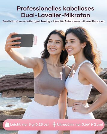 Беспроводной петличный микрофон 2шт, для iPhone, iPad, Android, с шумоподавлением, Plug & Play, для видео, подкастов, YouTube, TikTok (Рожевий)