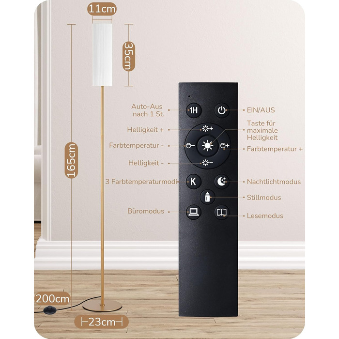 LED торшер Edishine для вітальні та спальні, 165 см, з пультом, диммування, 3 колірні температури (3000K-6000K), золото, E27