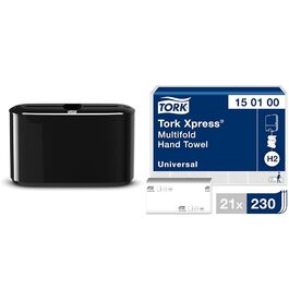 Tork Xpress Table Dispenser for Multifold Paper Towels 552200, Elevation Design - H2 Table Paper Towel Dispenser for Folded Towels, single sheet dispensing, compact design, white, 21.8 x 32.3 x 11.6 cm (Black, Bundle with Towels)