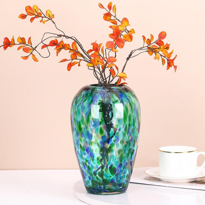 Скляна ваза блакитно-зеленого кольору 22,9 см, ручної роботи, сучасний дизайн, широке горло, для квітів та декору, ідеальна для вітальні, кухні, весілля, офісу