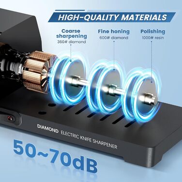 Електричний точило для ножів професійний 3-ступеневий з захистом від перегріву, тихий мотор, швидкий для кухонних ножів (чорний)