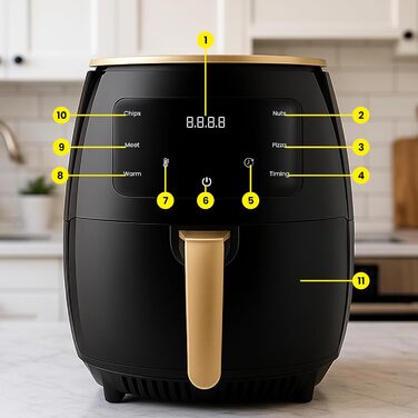 Аерофритюрниця Retoo 6.5л 1800Вт, 10 програм, до 200°C, сенсорне управління, не потребує олії, чорний/золотий